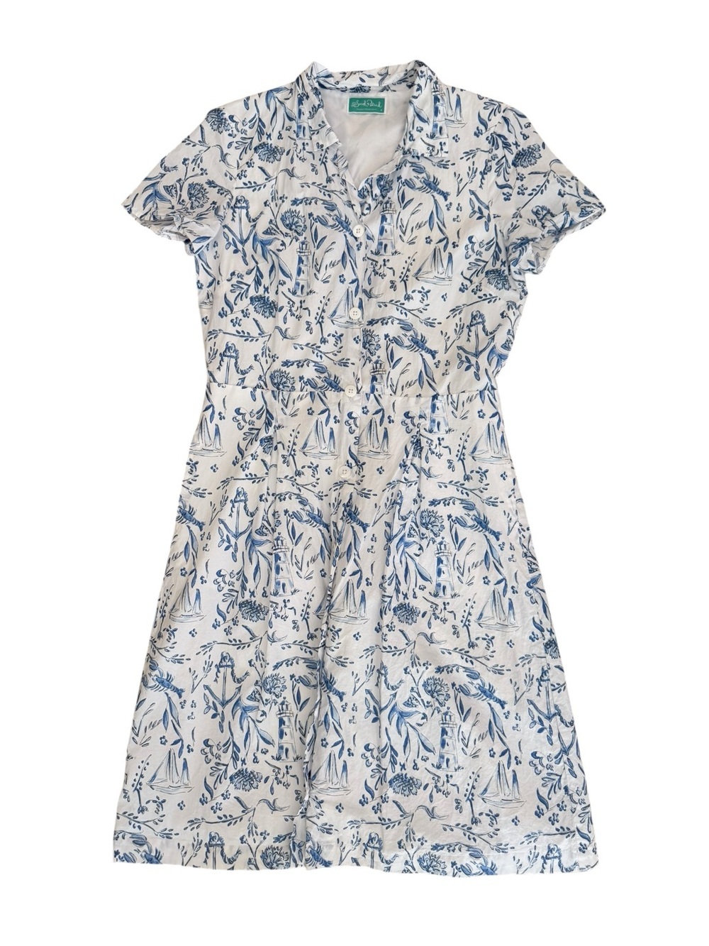 White and Blue Printed Midi Shirt Dress